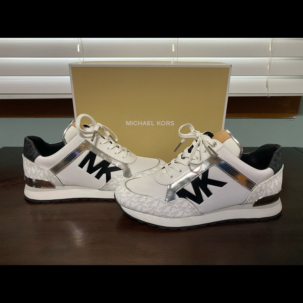 Michael Kors Maddy Two-Tone Logo Trainer White Silver Black